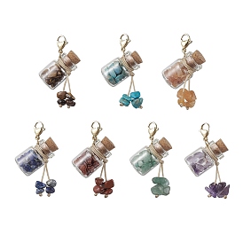 Chakra Natural & Synthetic Gemstone Chip inside Glass Wishing Bottle Pendants Decorations, Stainless Steel Lobster Claw Clasps & Gemstone Chips Charm Ornaments