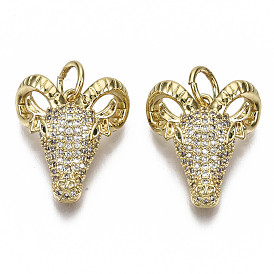 Brass Micro Pave Clear Cubic Zirconia Pendants, Nickel Free, Sheep