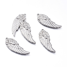 Pendentifs en acier inoxydable, aile avec rose