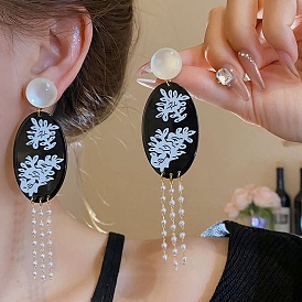 Серьги-подвески с кисточками из сплава и смолы, овальные с цветком