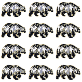 12Pcs Alloy Enamel Brooches, Enamel Pin, with Butterfly Clutches, Bear with Snow Mountain, Black