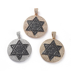 Brass Micro Pave Cubic Zirconia Pendants, for Jewish, Flat Round and Star of David