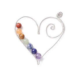 Gros pendentifs en perles de pierres précieuses naturelles, avec fil de bijoux en cuivre, cœur, chakra