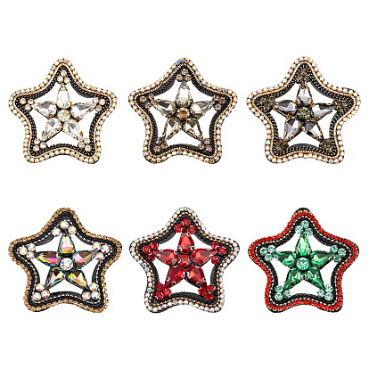 6Pcs 6 Colors Computerized Embroidery Cloth Sew on Patches, Costume Accessories, Appliques, with Rhinestone, Hollow Star