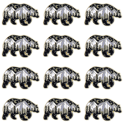 12Pcs Alloy Enamel Brooches, Enamel Pin, with Butterfly Clutches, Bear with Snow Mountain, Black