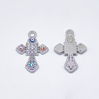 Alloy Pendants, with Crystal Rhinestone and Colorful Enamel, Cross with Evil Eye