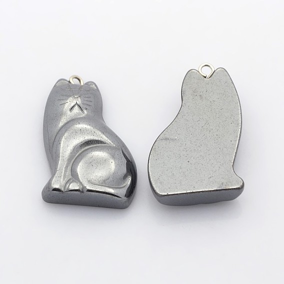 Non-Magnetic Synthetic Hematite Kitten Pendants, Cartoon Cat Shape, 31x19x7mm, Hole: 2mm