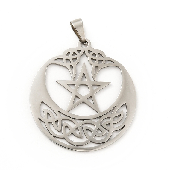 201 Stainless Steel Pendants, Hollow, Flat Round with Star