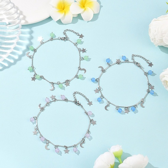 201 браслеты на ногу из латунной цепочки с подвесками в виде луны и звезды из нержавеющей стали и натурального окрашенного малайзийского нефрита, платины и нержавеющая сталь цвет