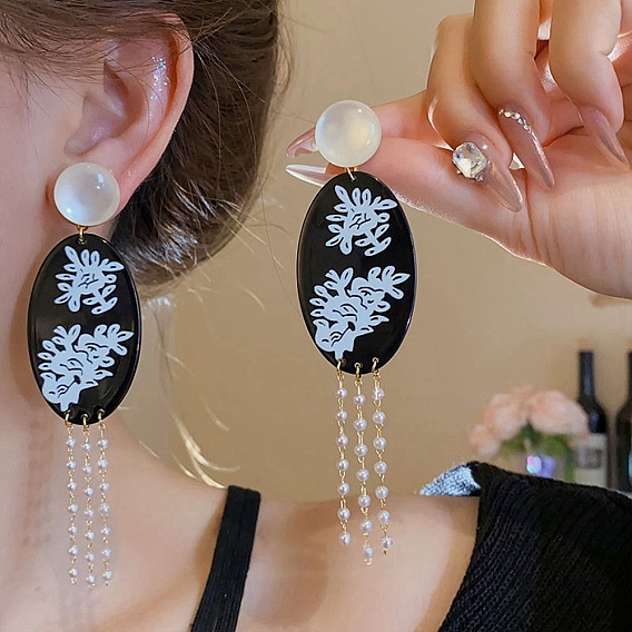 Серьги-подвески с кисточками из сплава и смолы, овальные с цветком