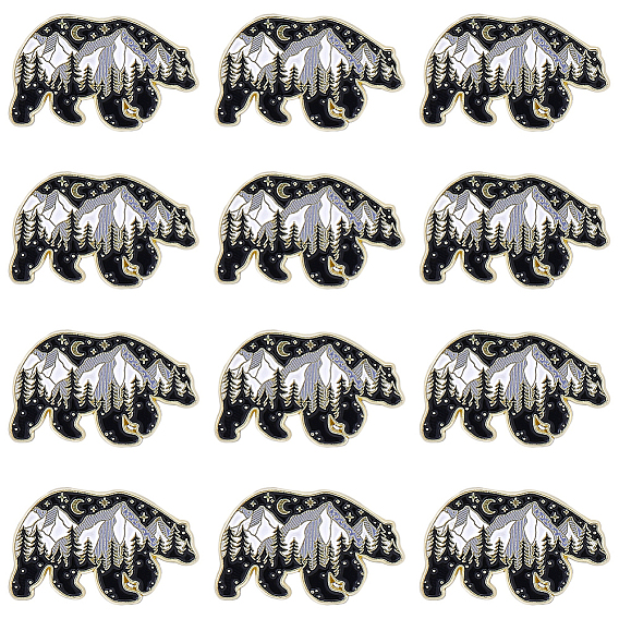 12pcs broches en alliage émaillé, broche en émail, avec embrayages papillon, ours avec la montagne de neige, noir