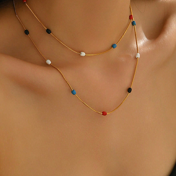 Длинные ожерелья из латунной цепочки-змейки с разноцветными овальными бусинами для ежедневного ношения