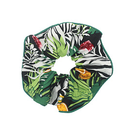 300Pcs Hawaiian Style Flower & Leaf Pattern Polyester Elastic Hair Ties, Scrunchie/Scrunchy, Ponytail Holder for Women Girls