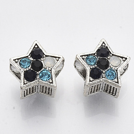 Alloy European Beads, with Glass Rhinestone, Large Hole Beads, Star, Antique Silver