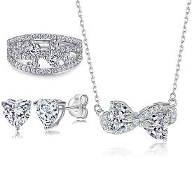 Vintage Heart-shaped Zircon Jewelry Set - Ring, Earrings, Necklace in Sterling Silver for Women
