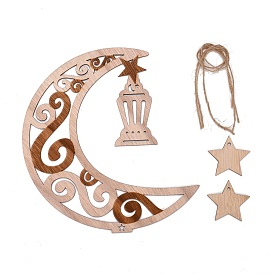 Moon & Floral Unfinished Wood Pendant Ornament, Ramadan Mubarak Eid Pendant, with Hemp Rope, for Home Wall Festive Decorations
