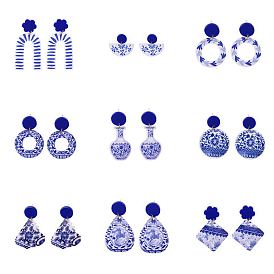 Акриловые сине-белые фарфоровые серьги-гвоздики с принтом