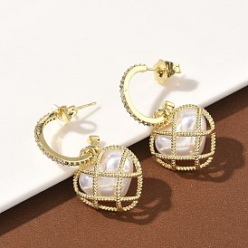 Серьги-гвоздики с цирконом из латуни, с абс пластмассовыми шариками, без кадмия и без свинца, долговечный, стойки покрытие