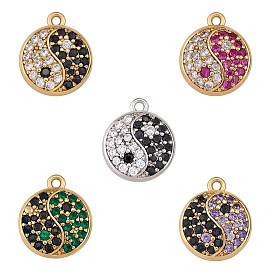 5Pcs Eco-Friendly Brass Micro Pave Cubic Zirconia Charms, Cadmium Free & Lead Free, Real 18K Gold Plated, Flat Round with YinYang