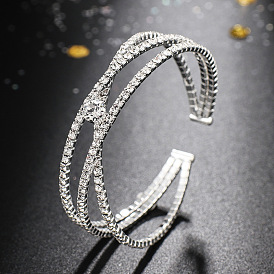 Sparkling Triple-Cross Wire Bangle with Diamonds - Unique Elastic Bracelet for Women (B280)