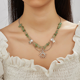 Модное ожерелье из бисера с подвеской в виде солнца и звезды из цинкового сплава с натуральными драгоценными камнями, платина