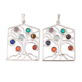 Chakra Natural Tiger Eye & Natural Lapis Lazuli & Natural Carnelian & Synthetic Turquoise & Glass Pendants, Rack Plating Alloy Tree Charms, Long-Lasting Plated, Lead Free & Cadmium Free