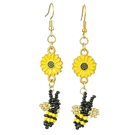 Woven Bees Glass Dangle Earrings, Alloy Enamel Flower and 304 Stainless Steel Earring Hooks for Women, Yellow