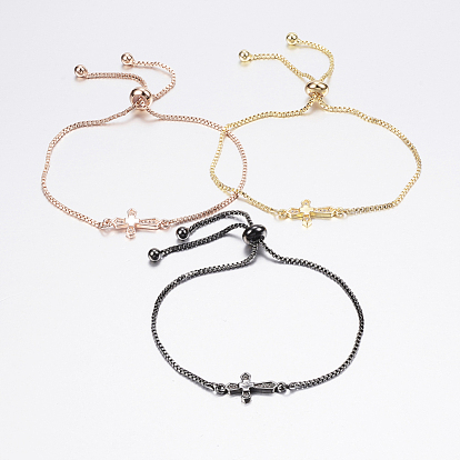 Adjustable Brass Bolo Bracelets, Slider Bracelets, with Cubic Zirconia and Box Chains, Cross