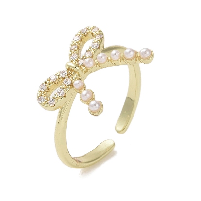 Brass Micro Pave Cubic Zirconia Open Cuff Ring, Cadmium Free & Lead Free, Bowknot with ABS Imitation Pearl