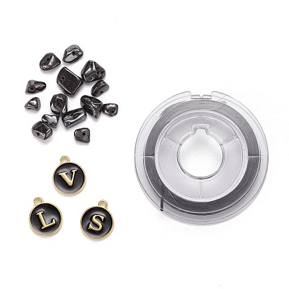 26Pcs Flat Round Initial Letter A~Z Alphabet Enamel Charms, 20G Non-magnetic Synthetic Hematite Chip Beads and Elastic Thread, for DIY Jewelry Making Kits