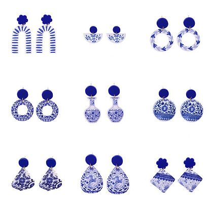 Акриловые сине-белые фарфоровые серьги-гвоздики с принтом