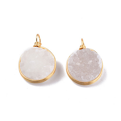 Natural Druzy Agate Pendants, with Light Gold Plated Brass Findings, Flat Round Charm