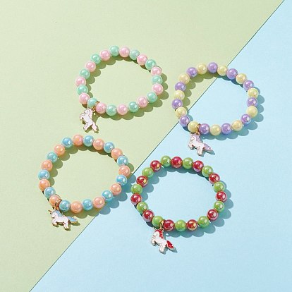Opaque Acrylic Beads Stretch Bracelet for Kids, with Alloy Enamel Unicorn Pendant