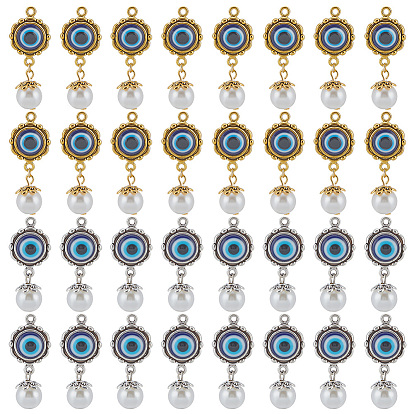 32шт 2 цвета сплава смолы подвески с пластиковым жемчугом, плоский круглый с рисунком сглаза
