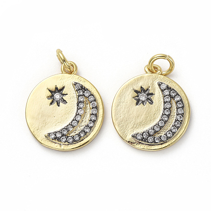 Латунные микропаве прозрачные подвески с фианитом, с прыжковых колец, плоский круг и звезда и луна