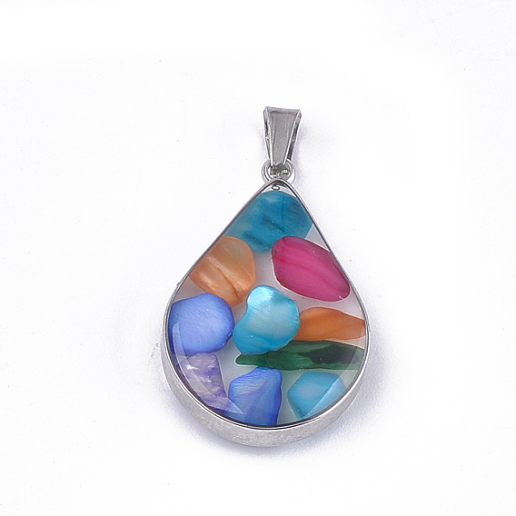 Dyed Shell Pendants, with Glass and 304 Stainless Steel Findings, Drop