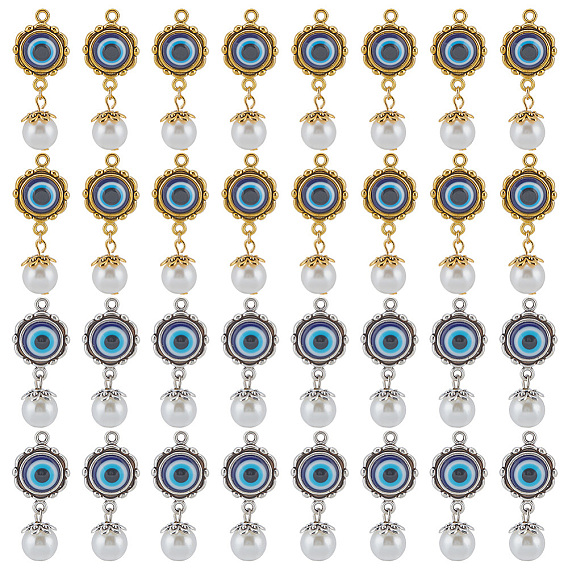 32шт 2 цвета сплава смолы подвески с пластиковым жемчугом, плоский круглый с рисунком сглаза