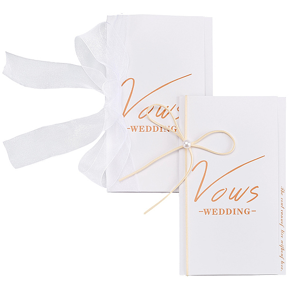 2Pcs Paper Wedding Vows Cards, with Plastic Pearl Bead and Silk Ribbon