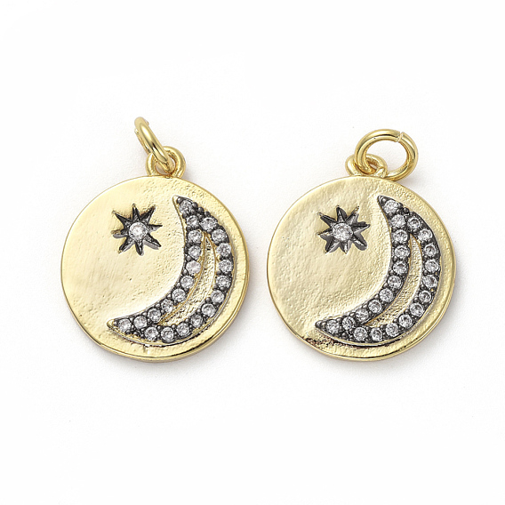 Латунные микропаве прозрачные подвески с фианитом, с прыжковых колец, плоский круг и звезда и луна