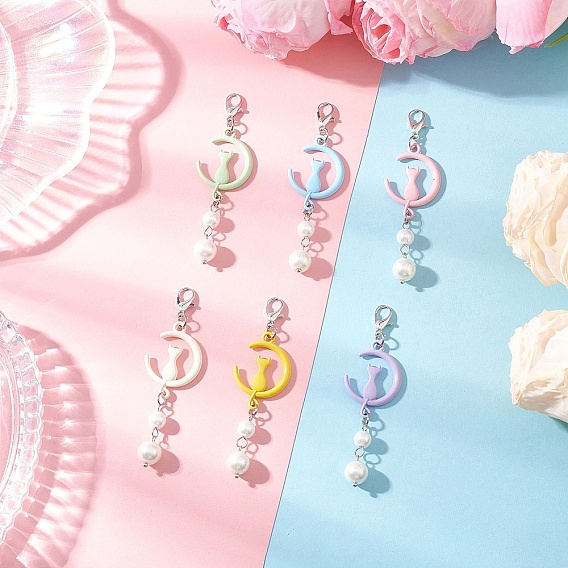 Подвесные украшения из сплава «Луна с кошкой», с карабинами из цинкового сплава и стеклянными жемчужными бусинами