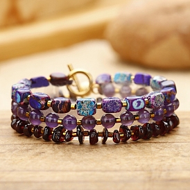 Natural Amethyst and Natural Garnet Beads Bracelets, Multi Layer Wrap Bracelets for Women