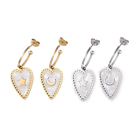 Heart 304 Stainless Steel Shell Stud Earrings, Moon & Star Pattern Dangle Earrings for Women