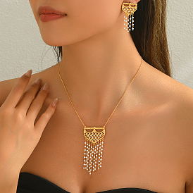 Elegant Middle Eastern Style Brass Micro Pave Cubic Zirconia Tassels Earrings & Necklaces Set for Women