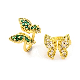 Butterfly Brass Micro Pave Cubic Zirconia Open Cuff Ring for Women, Real 18K Gold Plated