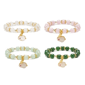 Natural Gemstone Beaded Stretch Bracelet with Glass Rabbit Charms for Women