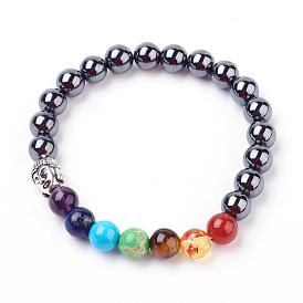 Gemstone Stretch Bracelets, Round, Chakra Beaded Bracelets, with Alloy Findings, Buddha Head