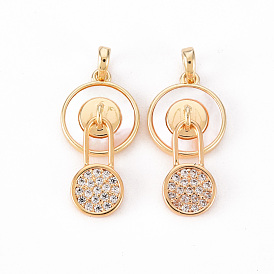 Brass Micro Pave Clear Cubic Zirconia Pendants, with Natural Shell, Nickel Free, Flat Round with Safety Pins