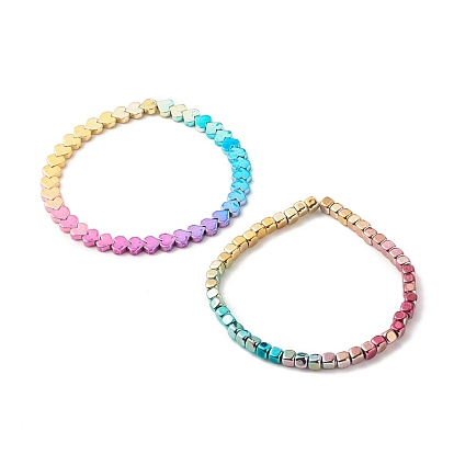 2Pcs 2 Style Synthetic Hematite Heart & Cube Beaded Stretch Bracelets, Gemstone Jewelry for Women