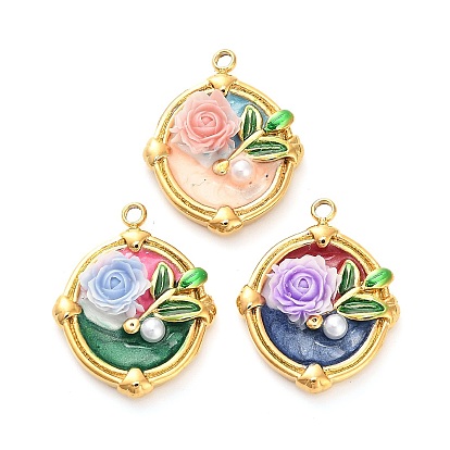 304 нержавеющей стальной эмали подвески, Со смолой и имитацией жемчуга, овальные с цветком, ионное покрытие (ip), реальный 18 k позолоченный