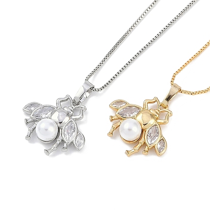 Стойка покрытие латунь прозрачный кубический цирконий пчела кулон коробка цепь ожерелья, с abs имитационными жемчужными бусинами , без кадмия и без свинца, долговечный